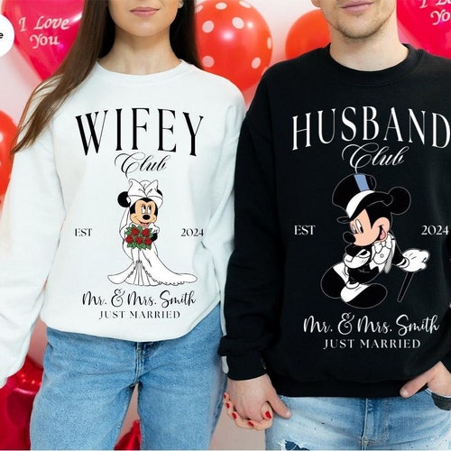 Sweat-shirt Disney pour couple, T-shirt manches longues anniversaire de mariage, Sweat à capuche Disney Monsieur et Madame, Pull « Just Married », Sweat à capuche marié
