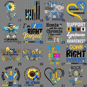 May include: A collection of graphic designs with themes related to Down Syndrome awareness. Designs include text like "Down Syndrome," "Support Down Syndrome," and "Rock Your Socks." The color palette features blue, yellow, and white.