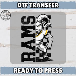 May include: A DTF transfer featuring a stylized ram mascot in white, black, and yellow, with the word "RAMS" vertically on the left. The text "DTF TRANSFER" and "READY TO PRESS" are also included.