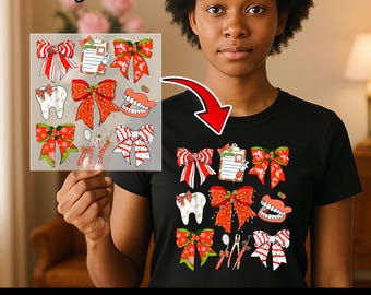May include: A black t-shirt with a DTF transfer design featuring dental-themed Christmas bows, teeth, and dental tools. The words "Ready To Press" and "DTF Transfer" are displayed.
