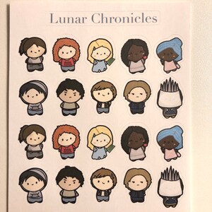 May include: A sheet of stickers featuring 16 different cartoon characters. The characters are all in a chibi style and have different hairstyles, clothing, and expressions. The stickers are arranged in a grid of four rows and four columns. The text "Lunar Chronicles" is printed at the top of the sheet.