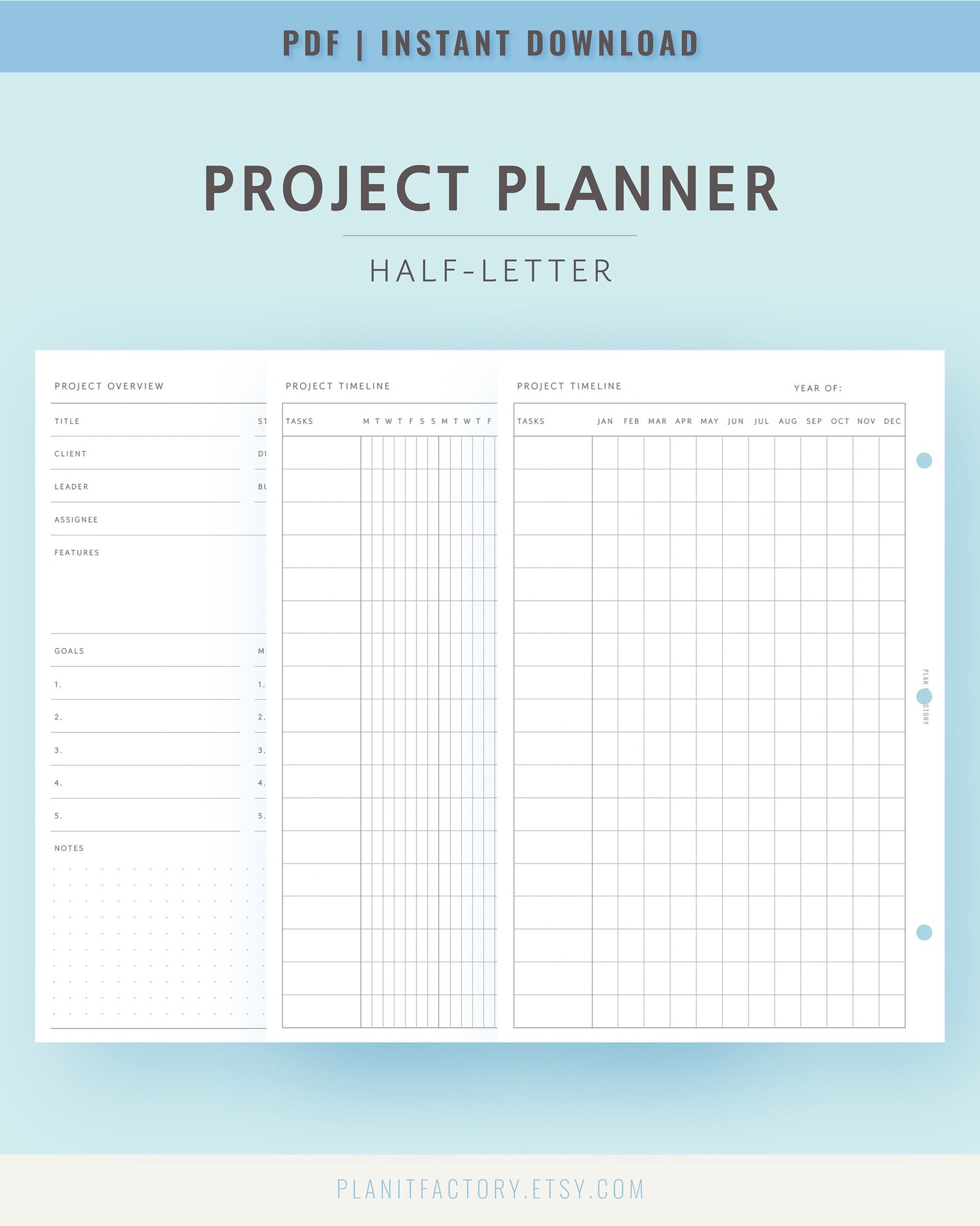 Project Planner Printable Template Pages Half Letter Project Overview Timeline PDF Task Tracker ...