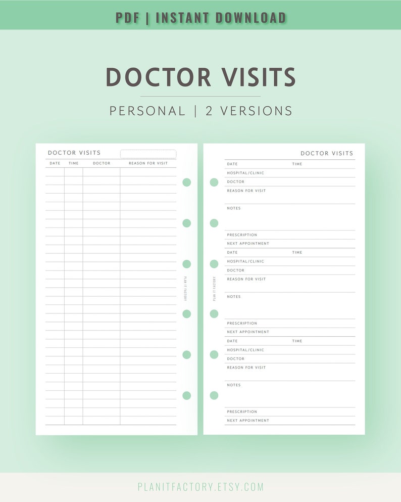 Doctor Visit Tracker Printable Pages Personal Size Medical Specialist Appointment Log Template ...