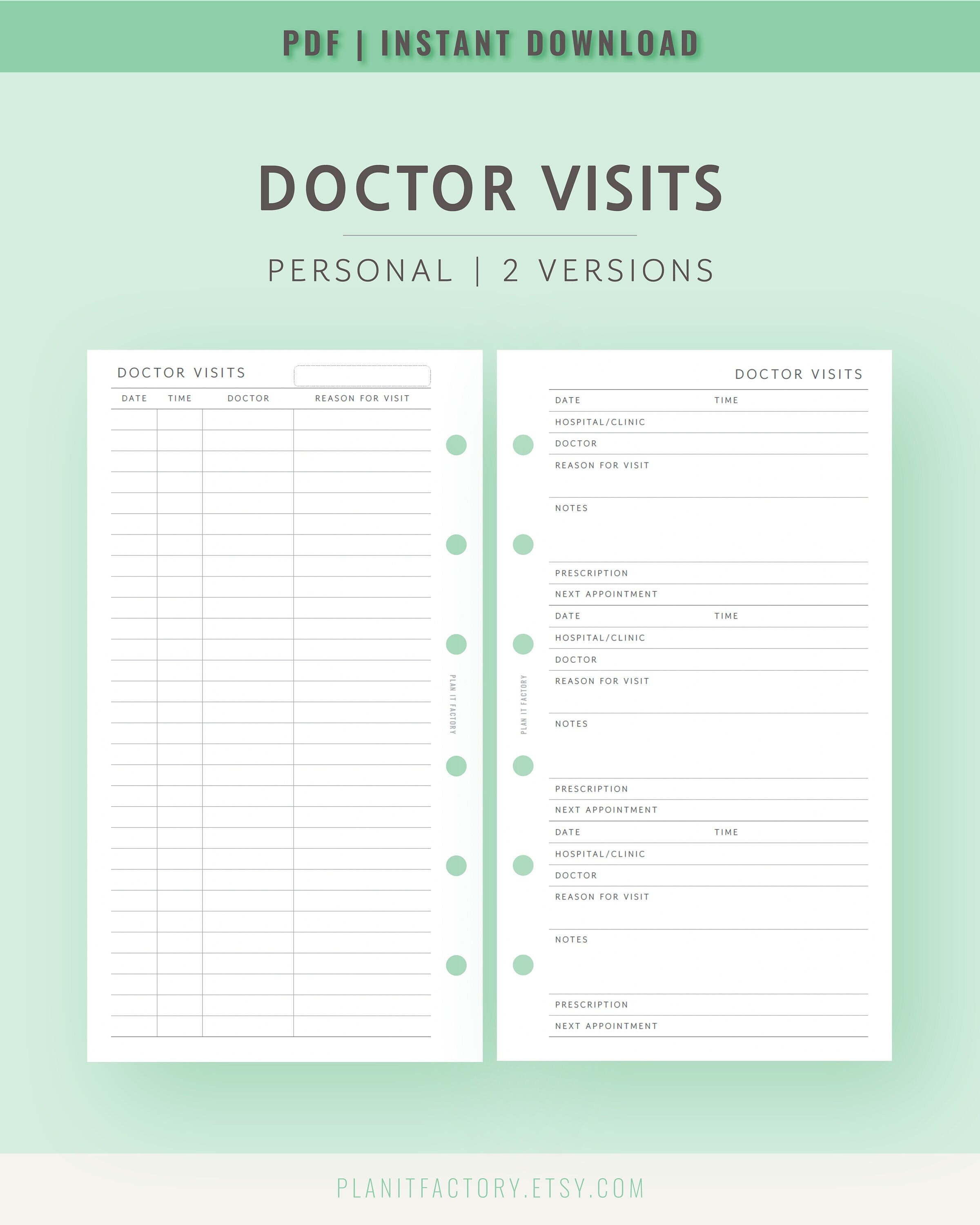 Doctor Visit Tracker Printable Pages Personal Size Medical Specialist Appointment Log Template ...