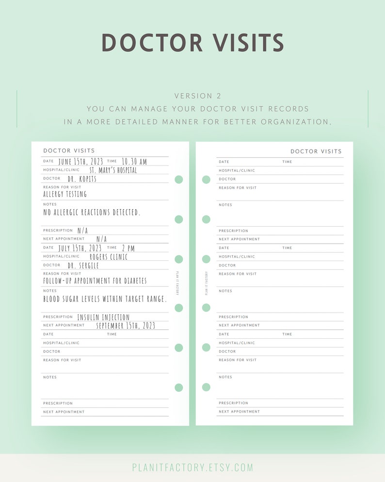 Doctor Visit Tracker Printable Pages Personal Size Medical Specialist Appointment Log Template ...