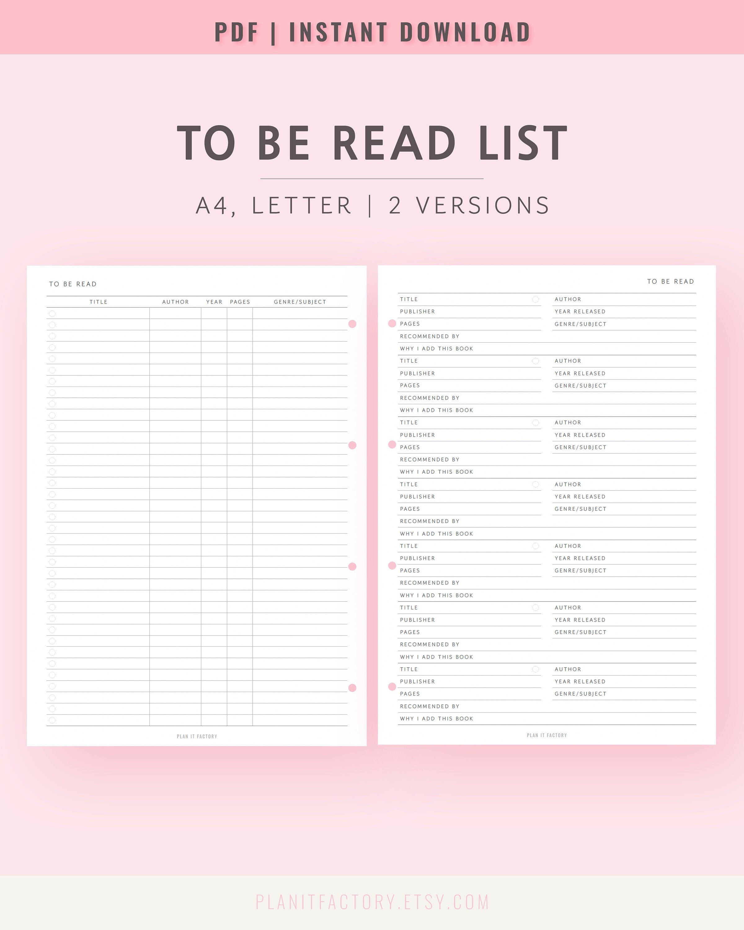 To Be Read List Template Printable Inserts Books to Read Pages for Book To Be Read List Template Printable Inserts Books to Read Pages for Book