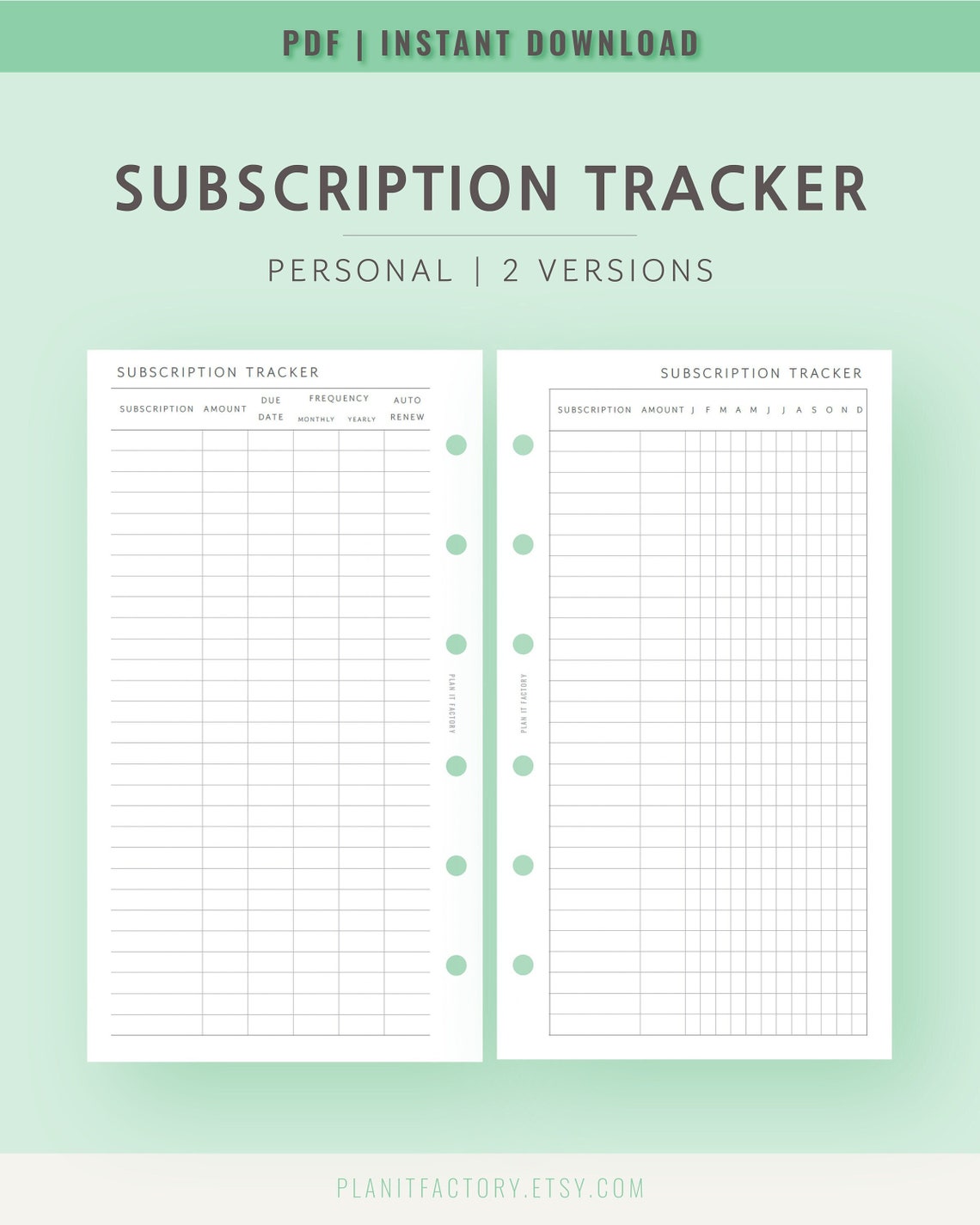 Subscription Tracker Printable Personal Size Membership Service ...