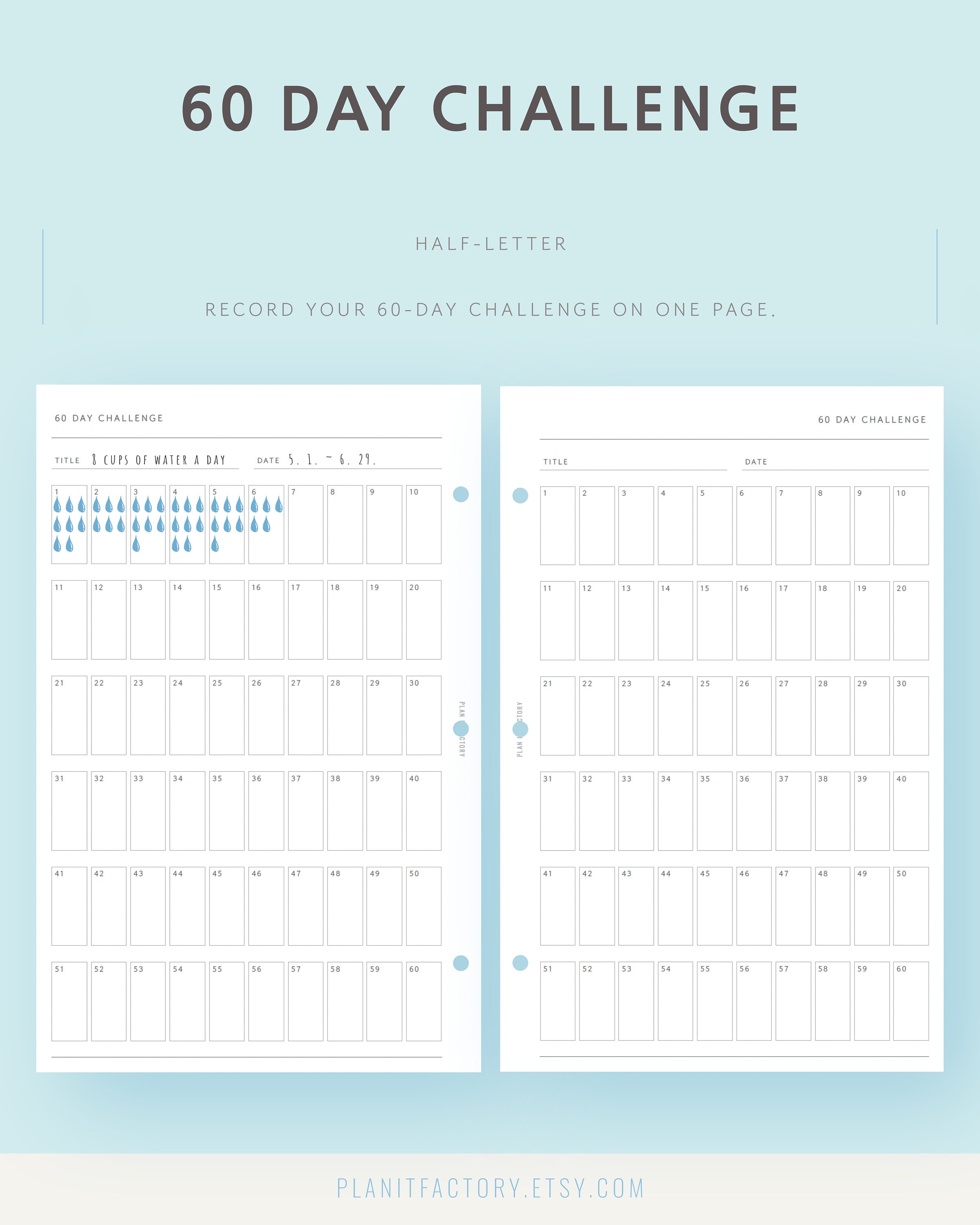 60 Day Challenge Tracker Printable Planner Half Letter Minimalist Habit ...