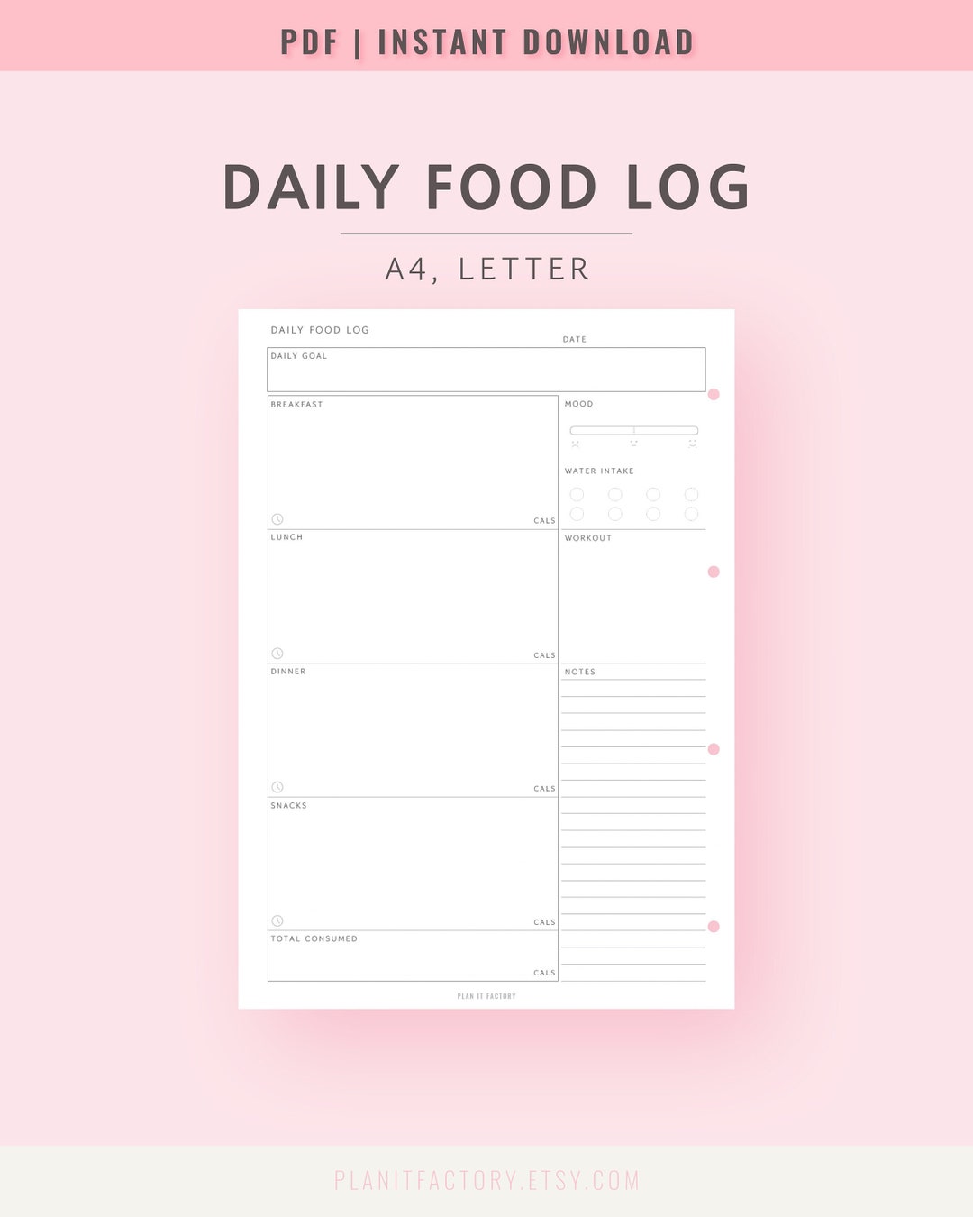 Daily Food Log Printable Pages A4, Letter Daily Food Diary Template ...