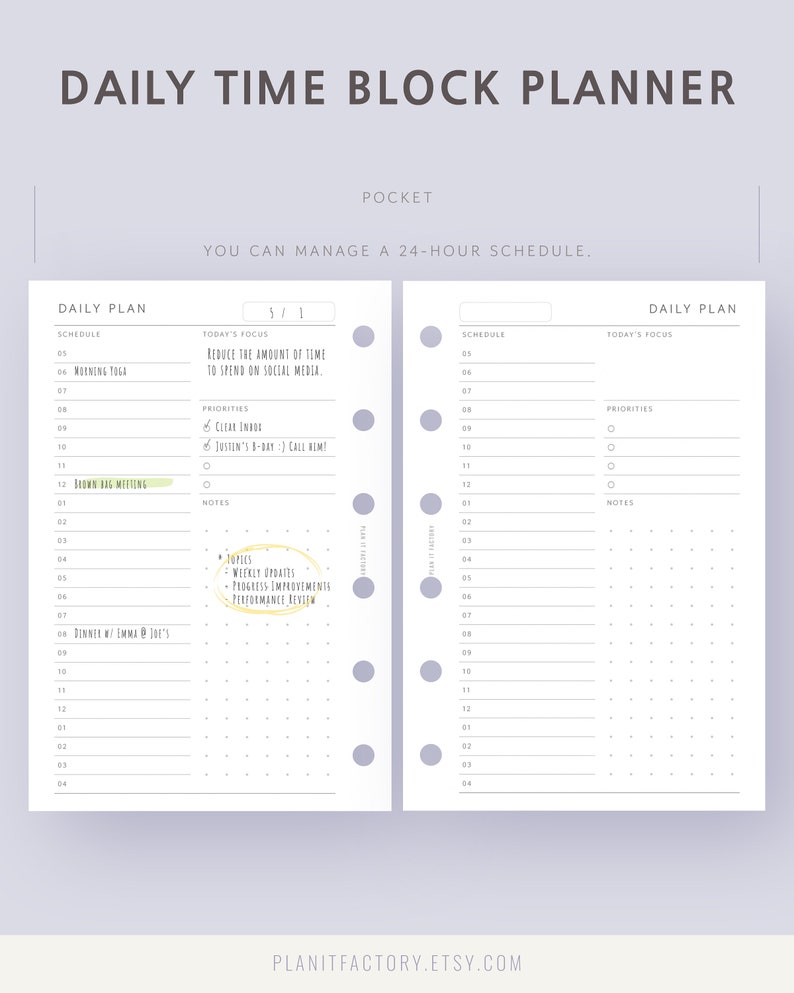 Daily Time Block Planner Printable Insert Pocket Size Minimalist 24 ...