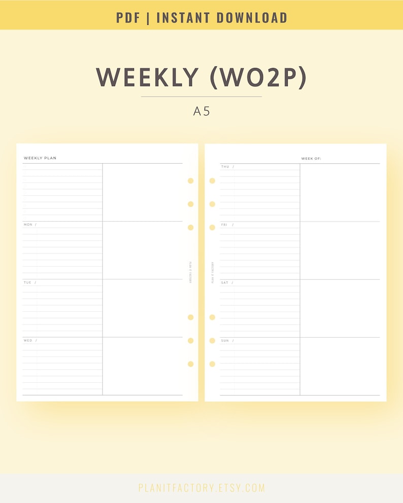 Undated Weekly Planner Printable A5 Week on 2 Pages, WO2P Planner ...