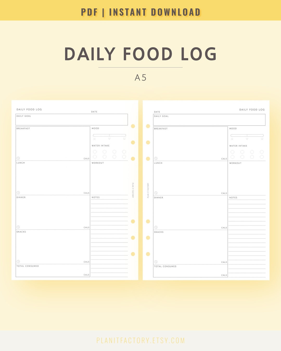 Daily Food Log Printable Pages A5 Size Daily Food Diary Template Meal ...