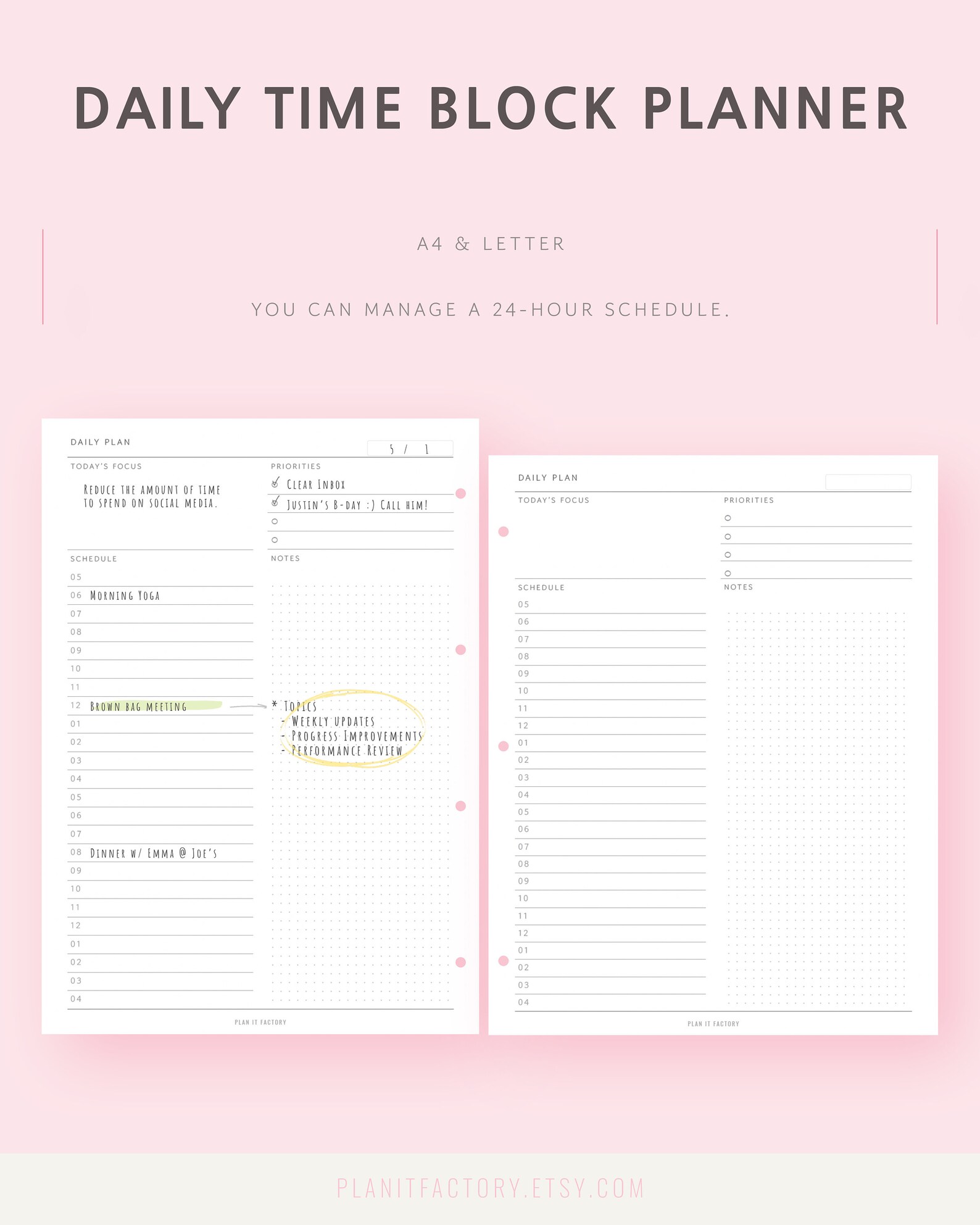 Daily Time Block Planner Printable Insert A4, Letter Minimalist Page ...