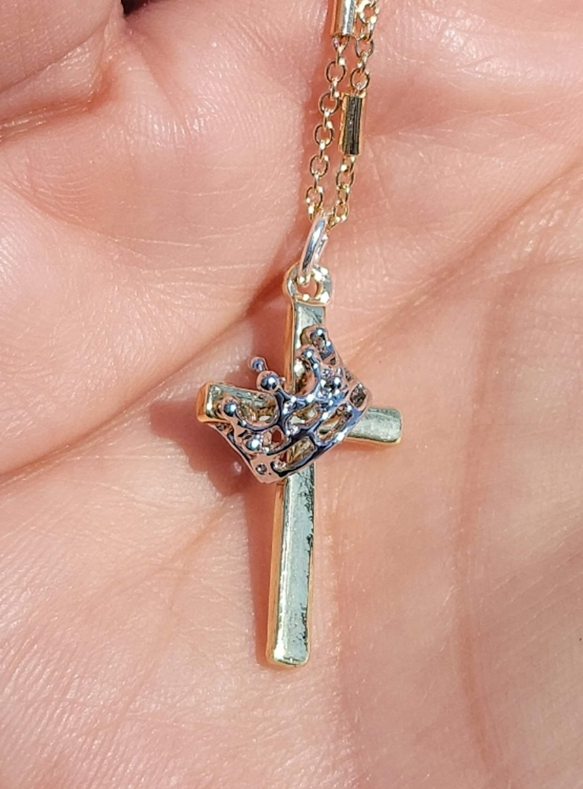 Gold Cross Necklace With Silver Crown Etsy