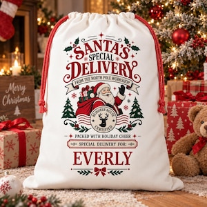May include: A white drawstring gift sack with red cords featuring a graphic of Santa Claus and the text Santa's Special Delivery From The North Pole Workshop Reindeer Route Certified Packed With Holiday Cheer Special Delivery For Everly.