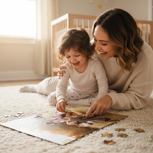 May include: A mother and child are seated on a white carpet, working together on a jigsaw puzzle. The puzzle is partially assembled, with several pieces scattered around. The scene is bathed in natural light, creating a warm and inviting atmosphere.