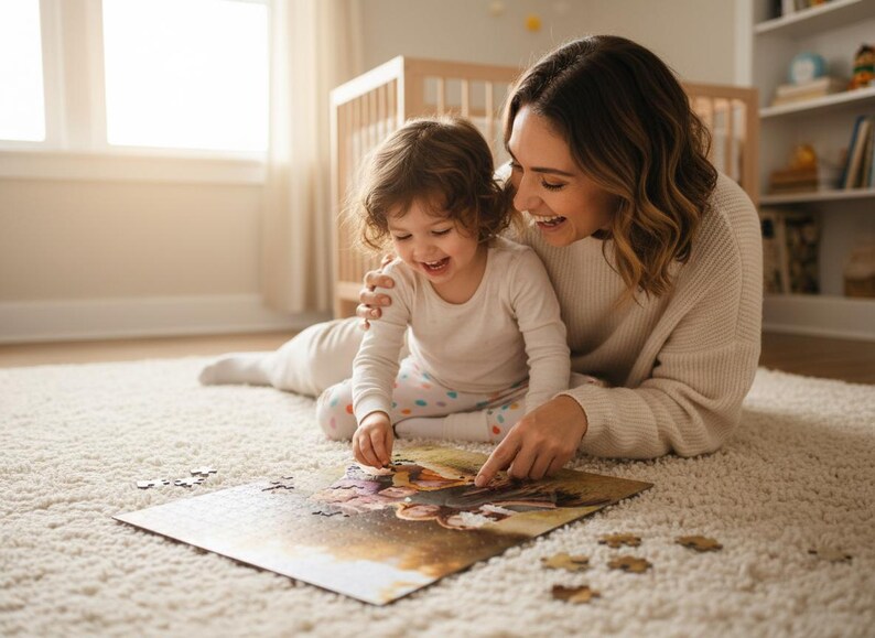 May include: A mother and child are seated on a white carpet, working together on a jigsaw puzzle. The puzzle is partially assembled, with several pieces scattered around. The scene is bathed in natural light, creating a warm and inviting atmosphere.