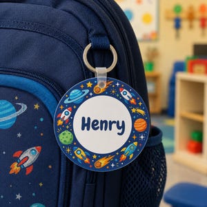 Personalized Space Backpack Tag | Kids Custom Name Tag for School Bag | Space Rocket Diaper Bag Tag | Astronaut Kids Luggage Label