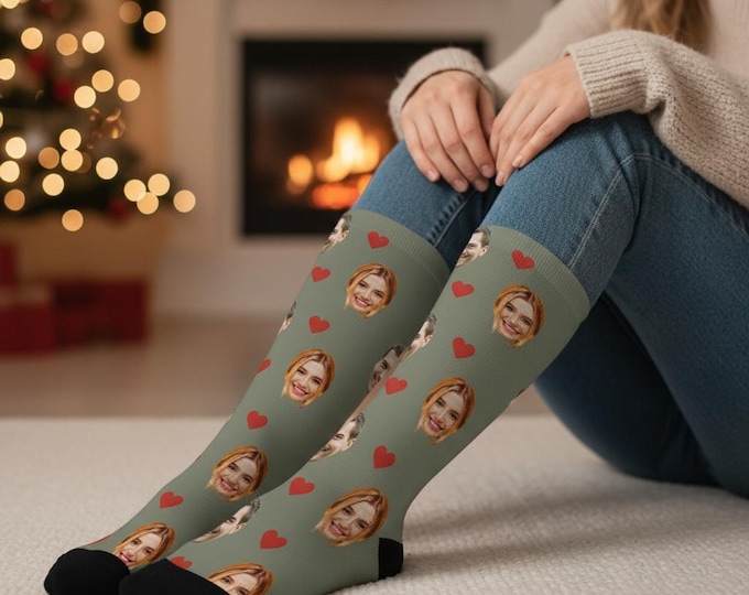 Custom Photo Socks, Personalized Face Crew | All-Over Print, Fleece Lined Comfort | S-M-L Unisex