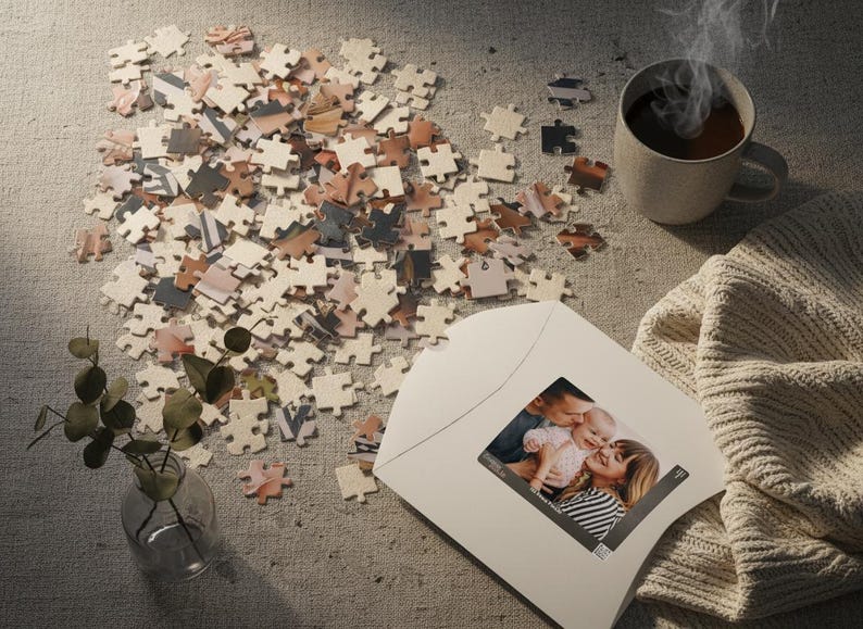 May include: A scattered jigsaw puzzle with pieces featuring family photos. A mug of coffee steams nearby, with a white envelope displaying a family portrait. A cozy blanket and small vase with greenery complete the scene.