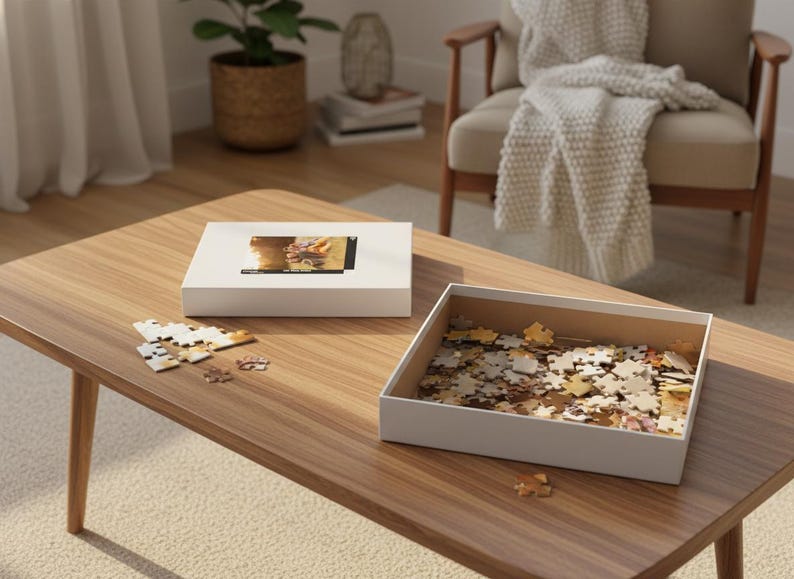 May include: A wooden coffee table holds a white puzzle box with an image on top, a box filled with puzzle pieces, and a few scattered pieces. The scene suggests a leisure activity.