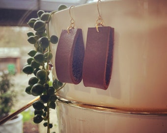 Handmade Bourbon Brown Leather Earrings, Gold Plated Hooks