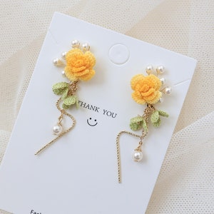 Micro Crochet Yellow Rose Earrings Holiday Gift for Wife Earring Gift for Mother Gift for Her Yellow Rose Earrings Yellow Flower Earrings