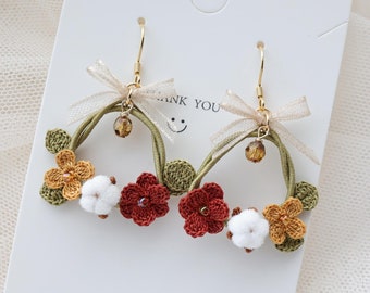 Crochet Christmas Wreath Holiday Wreath Earring Handmade Earrings Gift for Christmas Earring Handmade Cotton Earring Gift