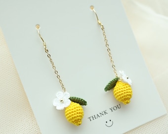 Pendientes de crochet Pendientes hechos a mano Regalo para esposa Pendiente de fruta Regalo para madre Regalo para novia Pendiente de limón Joyas de limón Mini limón