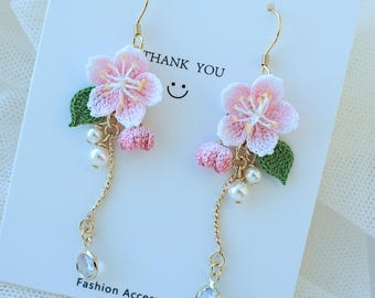 Micro Crochet Peach blossom Earrings Holiday Gift for Wife Earring Gift for Mother Gift for Her Peach Earrings Pink Flower Earrings