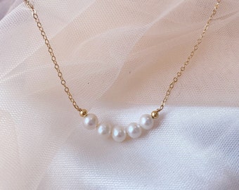 14K Gold Filled Pearl Necklace | Smile Pearl Necklace | Pearl Bar Necklace | Freshwater Pearl Necklace | Bridal Wedding Bride Bridesmaid