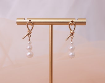 Dainty Triple Pearl Earrings | Freshwater Pearl Dangle Earrings | Bowknot Pearl Drop Earrings | Pearl Earrings with Different Pearl Sizes