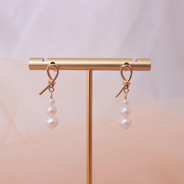 Dainty Triple Pearl Earrings | Freshwater Pearl Dangle Earrings | Bowknot Pearl Drop Earrings | Pearl Earrings with Different Pearl Sizes