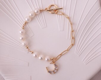 Freshwater Pearl Bracelet | Half Pearl Half Chain Bracelet | Square Chain Bracelet with Moon Charm | Pearl Bracelet with OT Clasp