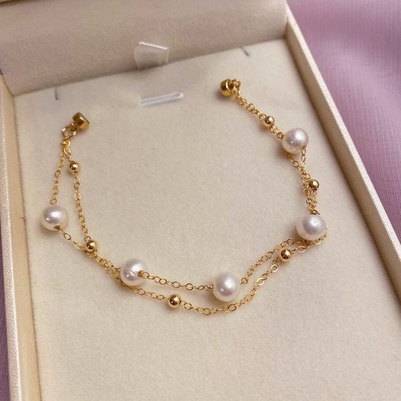 Pymach Dainty Gold Pearl Crystal Beaded Bracelets Set for Women 14K Real  Gold Plated Bead Pearl Crystal Beads Bracelet Stake Paperclip Link Chain