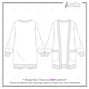 女性用オープンフロントカーディガンセーター、大きなポケット付き、ベクトルファッションフラットスケッチ / ファッションテクニカルイラストテンプレート