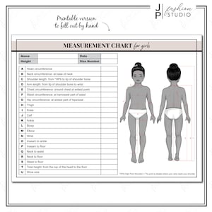 Hoja de medidas corporales para niñas IMPRIMIBLE / Plantilla de diseñador de moda para niños / Medición para niños / Hoja de medidas de costura / PDF y JPG