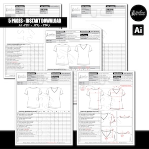 Puede incluir: Un conjunto de plantillas de diseño de moda blancas con dibujos técnicos de camisetas, con cuello en V y cuello redondo. Las plantillas incluyen tablas de medidas y el texto "5 PAGES - INSTANT DOWNLOAD" y "AI-PDF JPG PNG". El logotipo "JP Studio" también está presente.