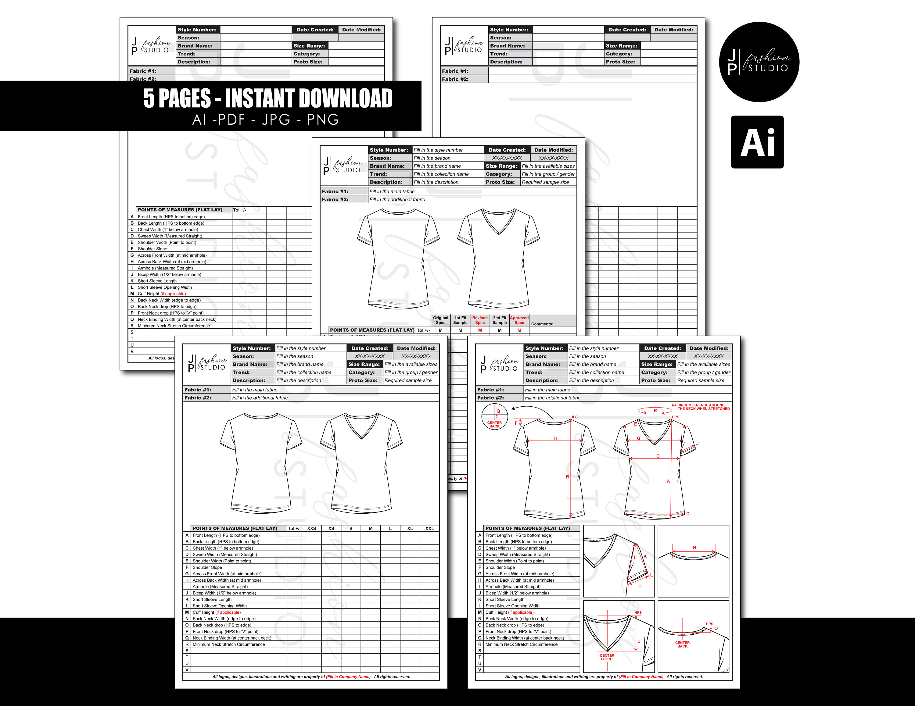 Complete Tech Pack Spec Sheets for Women's Vneck Tshirt, Apparel Industry Fashion Designing