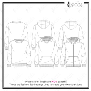 Peut inclure: Illustration plate de cinq styles différents de sweat-shirts. L'illustration comprend un sweat-shirt à col rond, un sweat-shirt à capuche, un sweat-shirt à capuche zippé et deux variantes d'un sweat-shirt avec une poche kangourou.