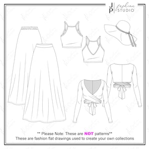 Vrouwen outfit van de dag (4 stijlen) Vector mode platte schetsen / mode technische illustratie sjabloon / crop tank en LS top, rok, hoed