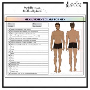 PRINTABLE Men&#39;s Body Measurement Sheet / Fashion Designer Template / Sewing Measurement Sheet / PDF & JPG