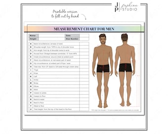 May include: Printable measurement chart for men with a line drawing of a man's body with measurement points labeled A through U. The chart includes fields for name, date, size number, and height.