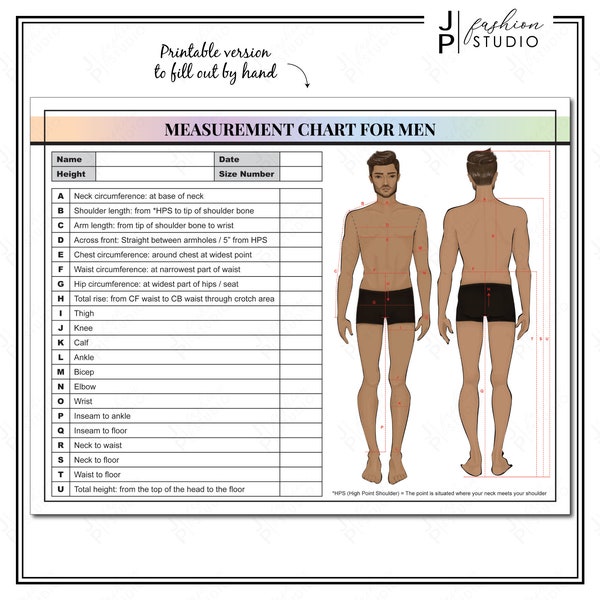 PRINTABLE Men's Body Measurement Sheet / Fashion Designer Template / Sewing Measurement Sheet / PDF & JPG