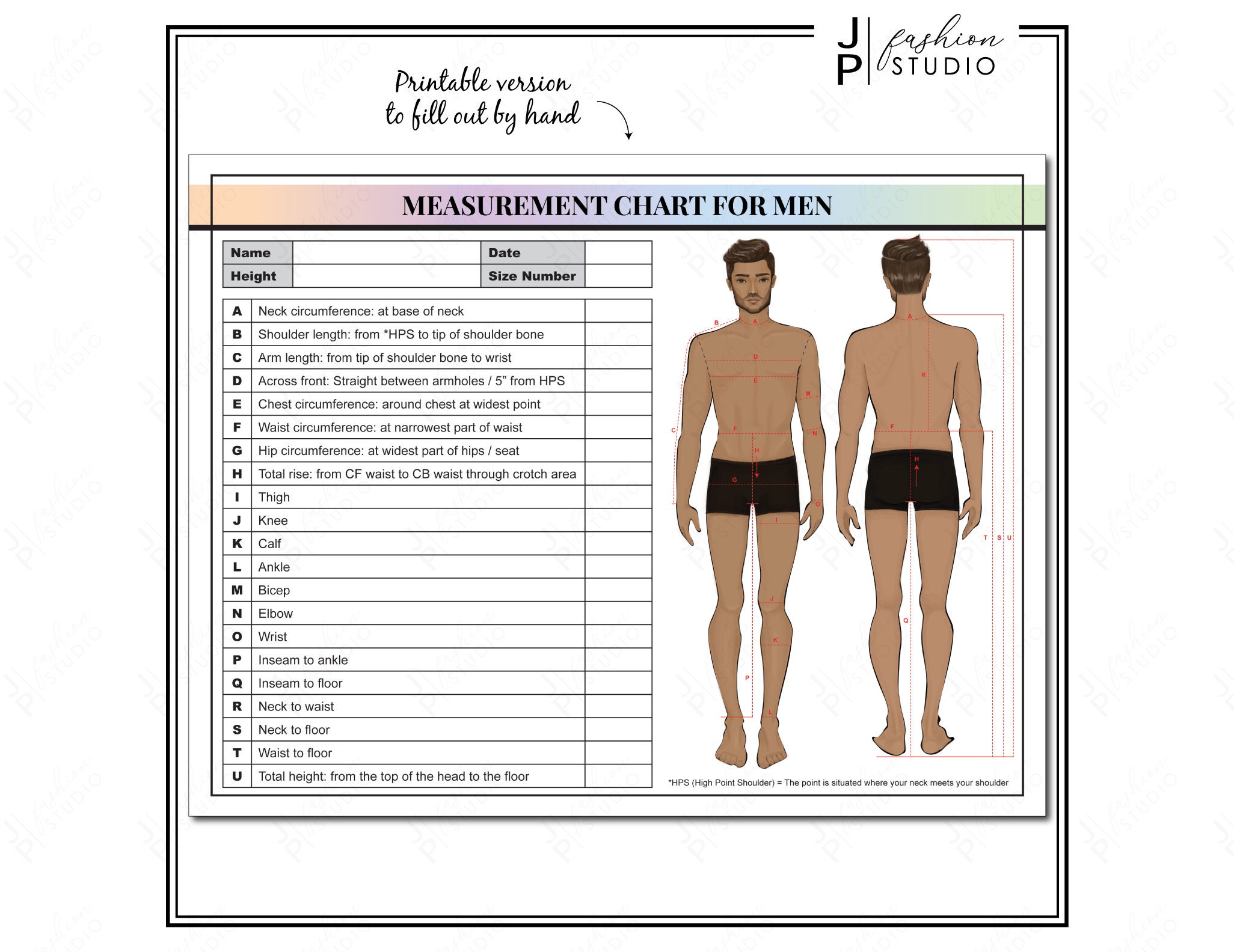 PRINTABLE Men's Body Measurement Sheet / Fashion Designer Template