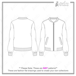 Women&#39;s Bomber Jacket Sketch / Fashion Technical Drawing / Fashion Flat Sketch / CAD Design / Vector Template for Adobe Illustrator