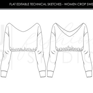 Conjunto de blusas/sudaderas de moda para mujeres 2 estilos Bocetos planos de moda vectorial/Plantilla de ilustración técnica de moda imagen 3