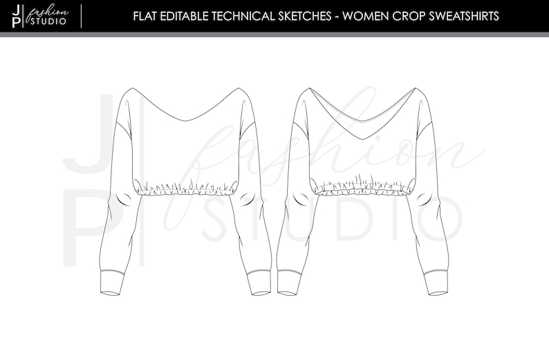 Conjunto de blusas/sudaderas de moda para mujeres 2 estilos Bocetos planos de moda vectorial/Plantilla de ilustración técnica de moda imagen 3