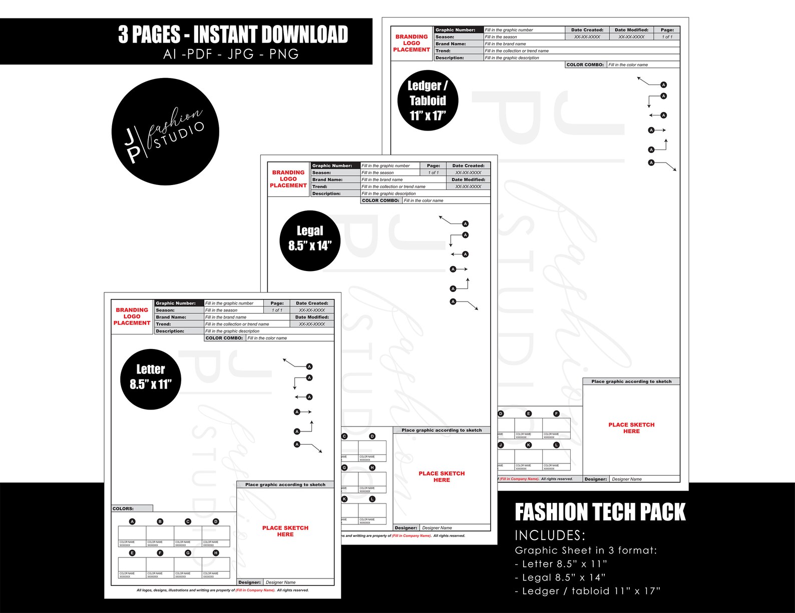 Editable Tech Pack Graphic Sheet Template for Apparel Industry; Fashion ...