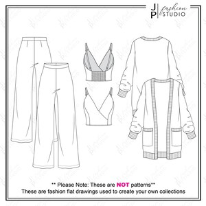 本日の女性の服装 (3 スタイル) ベクター ファッション フラット スケッチ / ファッション テクニカル イラスト テンプレート / クロップ タンクトップ、パンツ、カーディガン